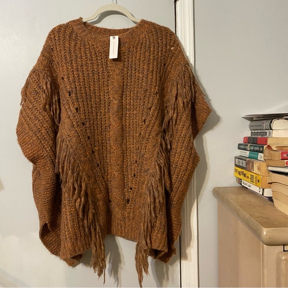 NWT {Anthropologie} Marled Chunky Knit Fringe Oversized Poncho Bronze - One Size - Picture 2 of 16